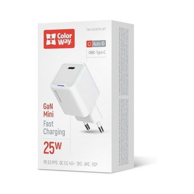 Зарядний пристрій ColorWay GaN Mini 25W PD Port PPS USB-C white (CW-CHS052PD-WT)
