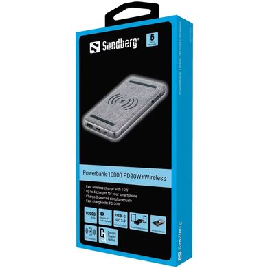 Батарея універсальна Sandberg 10000mAh, PD/20W, Wireless QI 15W, QC3.0, USB-C, Micro-USB, USB-A (420-61)