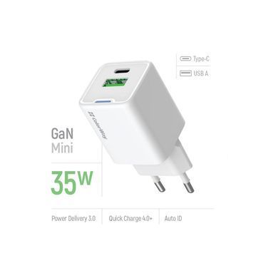 Зарядний пристрій ColorWay GaN Mini 35W PD Port PPS USB (Type-C PD + USB QC4.0) white (CW-CHS055PD-WT)