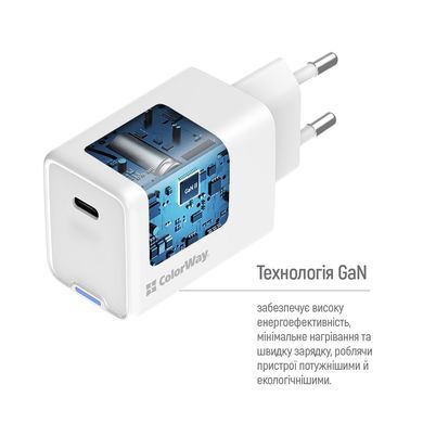 Зарядний пристрій ColorWay GaN Mini 65W PD Port PPS USB-C white (CW-CHS049PD-WT)