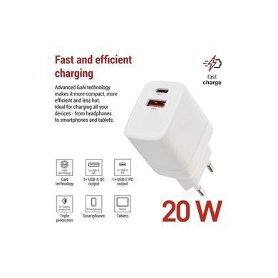 Зарядний пристрій EMOS V02G20 1xUSB-A + 1xUSB-C PD20W GaN (V02G20)