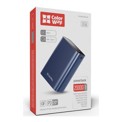 Батарея універсальна ColorWay 20 000 mAh PD/20W, QC/3.0, USB-C/USB-A max.22.5W Blue (CW-PB200LPG2BL-PDD)