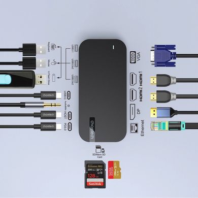 Концентратор Choetech USB-C 15-in-1 HDMI/PD/CR/LAN/USB-A/USB-C/AUX/VGA/DP (HUB-M52-GY)