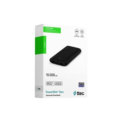 Батарея універсальна Ttec PowerSlim Duo 10000mAh, USB Type-C, USB Type A, 2A, Black (2BB163S)