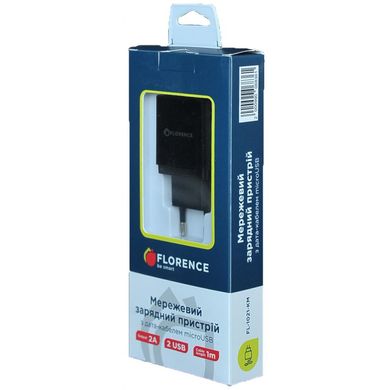 Зарядний пристрій Florence 2USB 2A + microUSB cable black (FL-1021-KM)