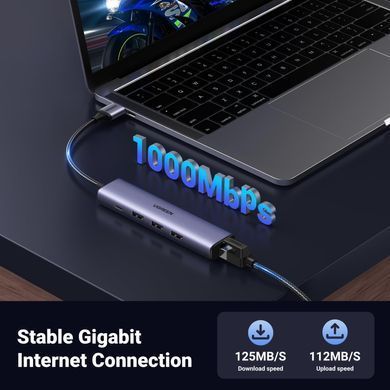 Концентратор Ugreen USB 3.0 to 3хUSB 3.0/Type-C+RJ45(1000M) Ethernet 5in1 CM475 (60554)